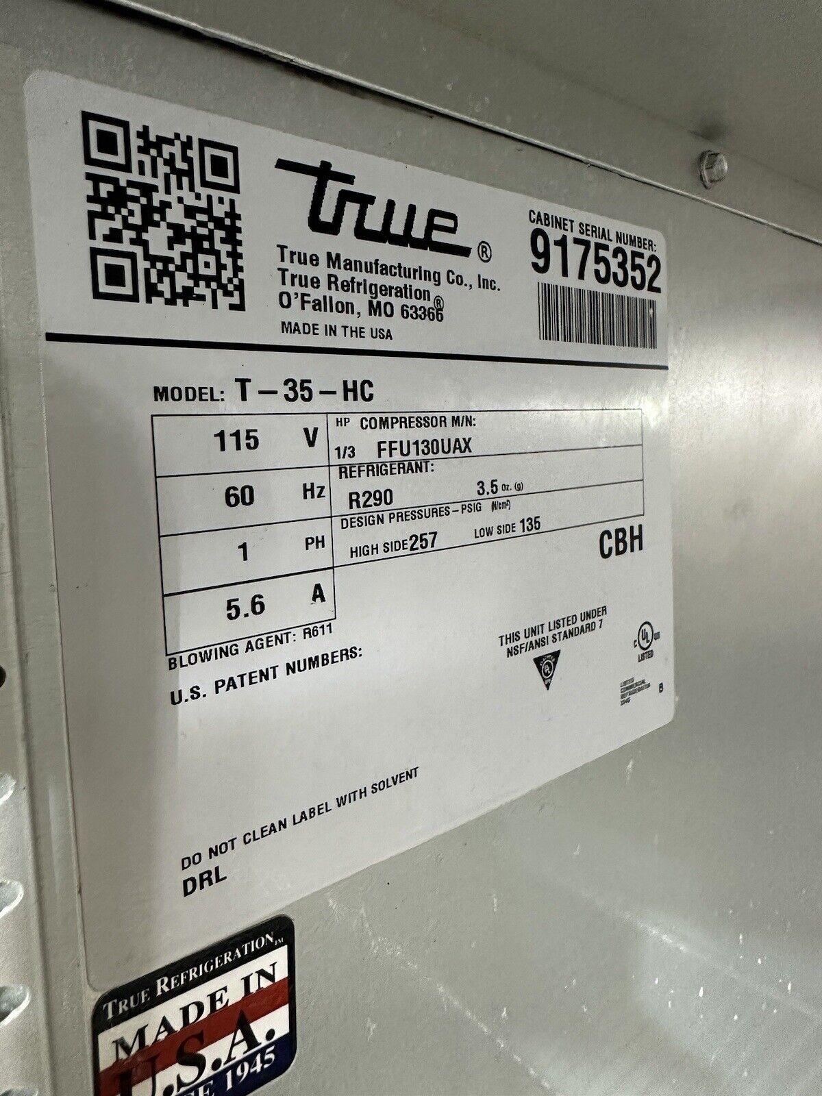 True T-35-HC-39.5" Stainless Steel Reach In Refrigerator 115V-Works Great
