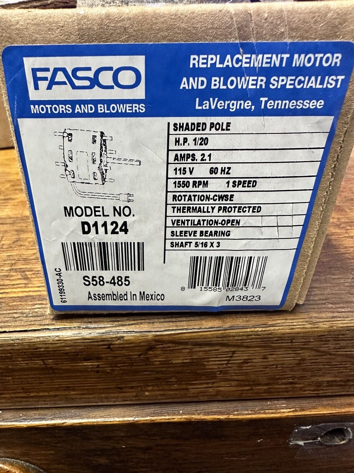 Fasco D1124 Hvac Motor, Open Air-Over, 1/20 Hp, 1,550 Nameplate Rpm, 1 Speed,