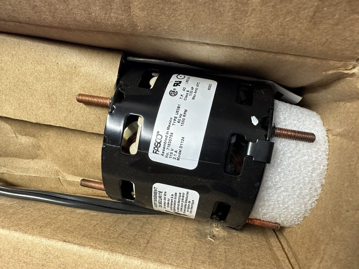 Fasco D1124 Hvac Motor, Open Air-Over, 1/20 Hp, 1,550 Nameplate Rpm, 1 Speed,